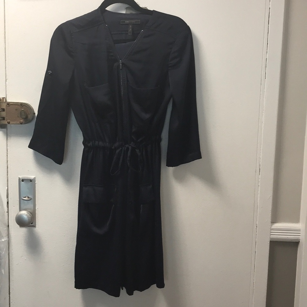 Silky, navy BCBG dress.